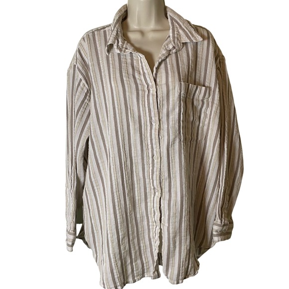 aerie Tops - Aerie Day-Off Cover Up Shirt Size XL Striped Gauzy Cotton Casual Beach Vacation